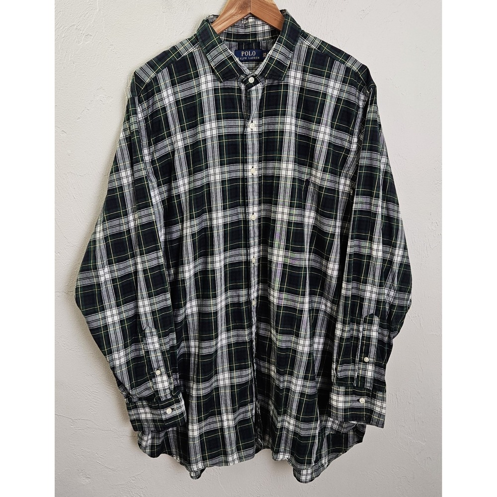 Polo Ralph Lauren Shirt Men Size 2XB Button Up Long Sleeve Green Navy Plaid Pony - Picture 2 of 7